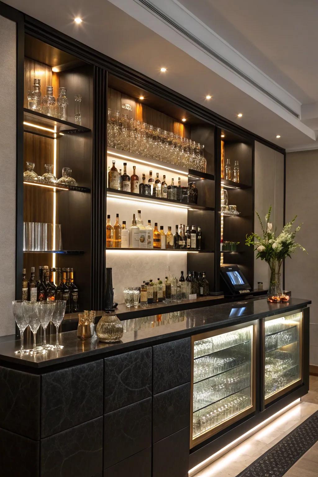 Spotlights highlight key features of the mini bar.