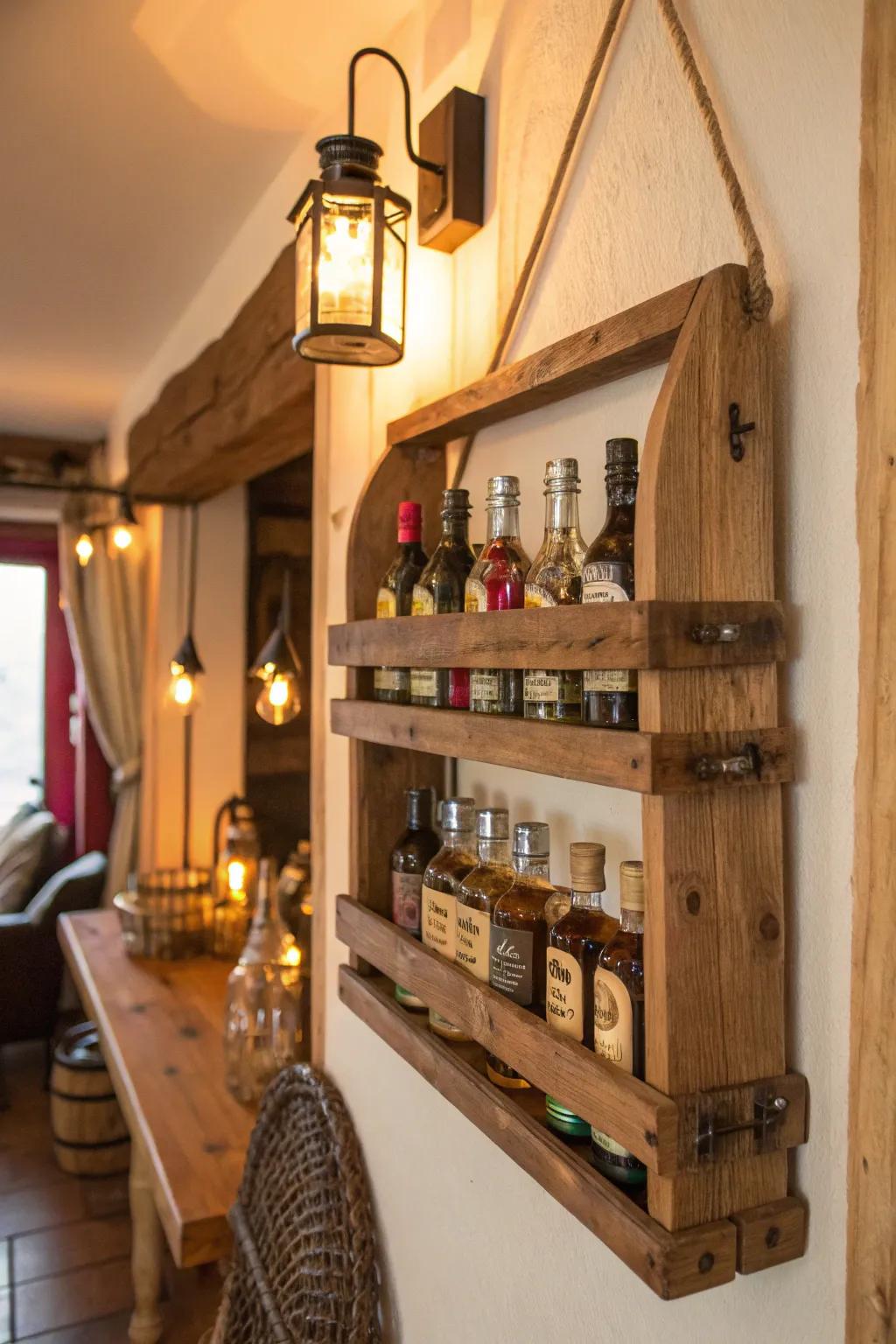 A rustic timber stand offering a charming setting for miniature spirit bottles.