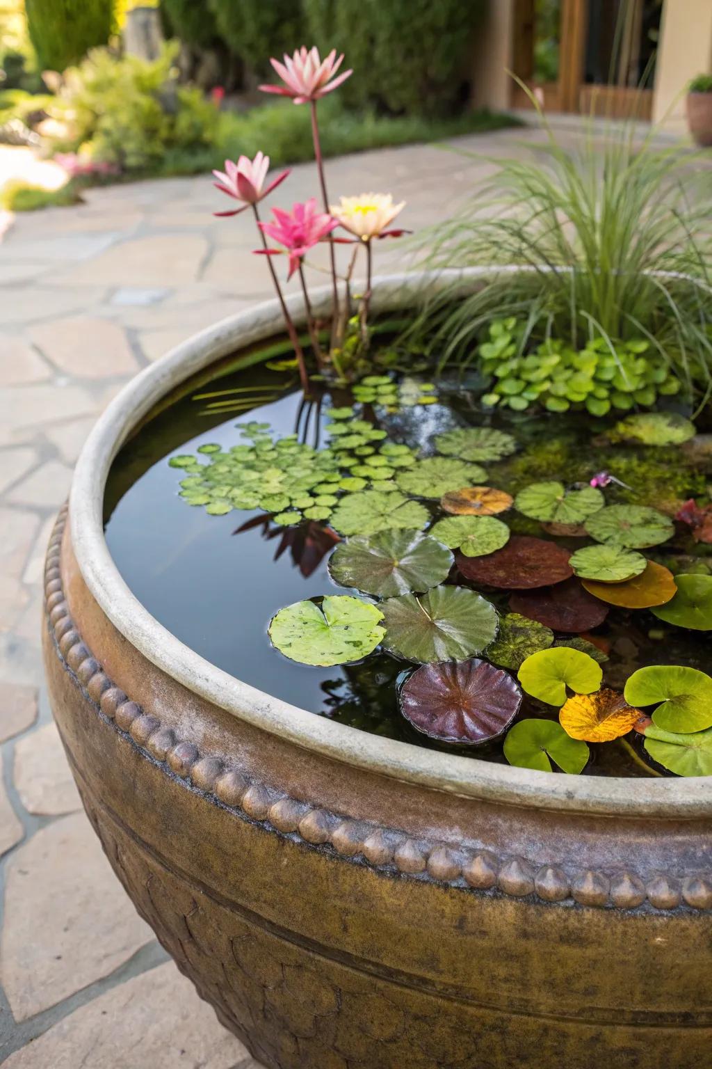 A clay pot turned into a charming small pond.