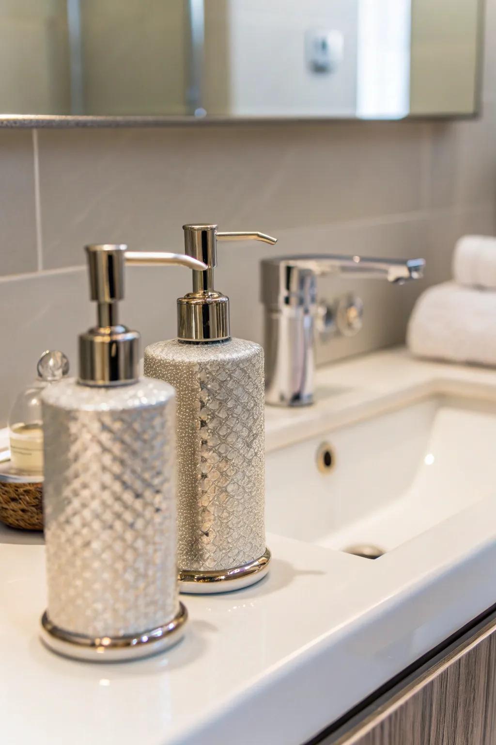 Coordinating liquid soap holders impart a note of elegance to the bathroom decorations.