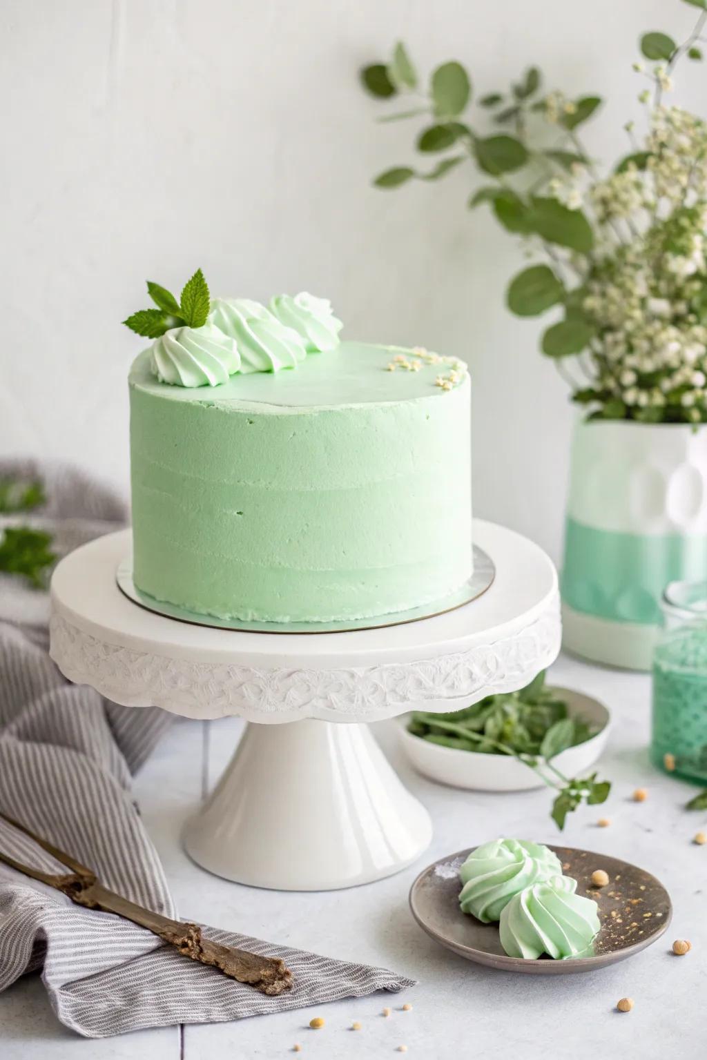 A simple turquoise cake featuring a smooth buttercream finish.