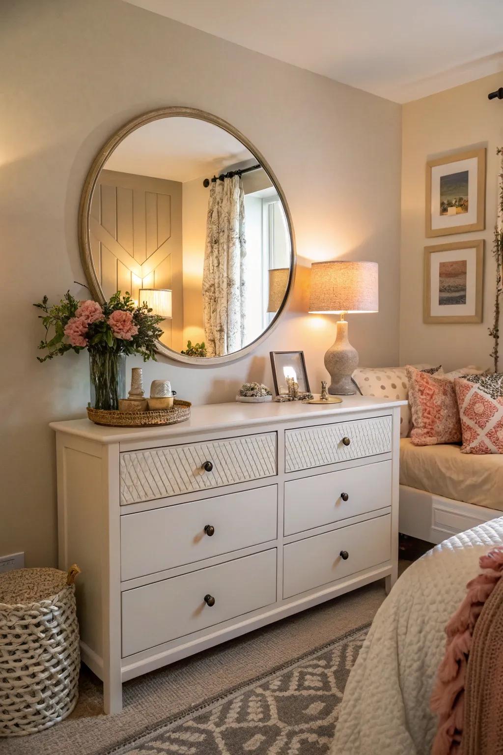 Round mirrors soften edges and create a welcoming atmosphere.