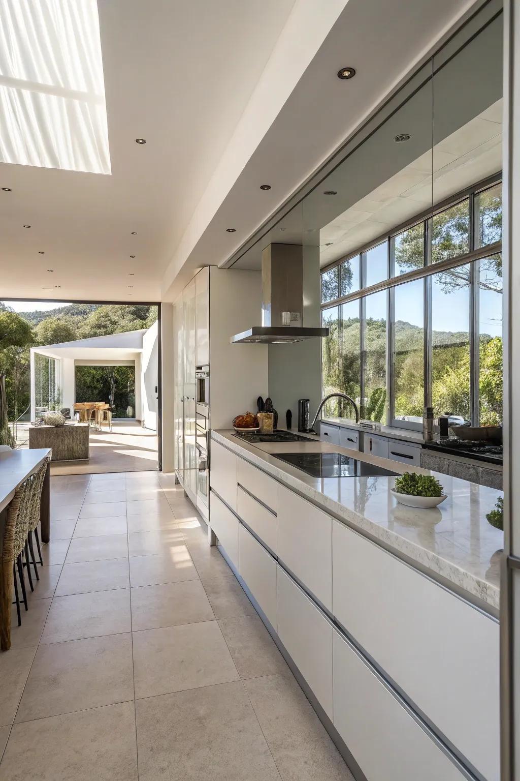 A full mirrored wall turning a small kitchen into an expansive zone.