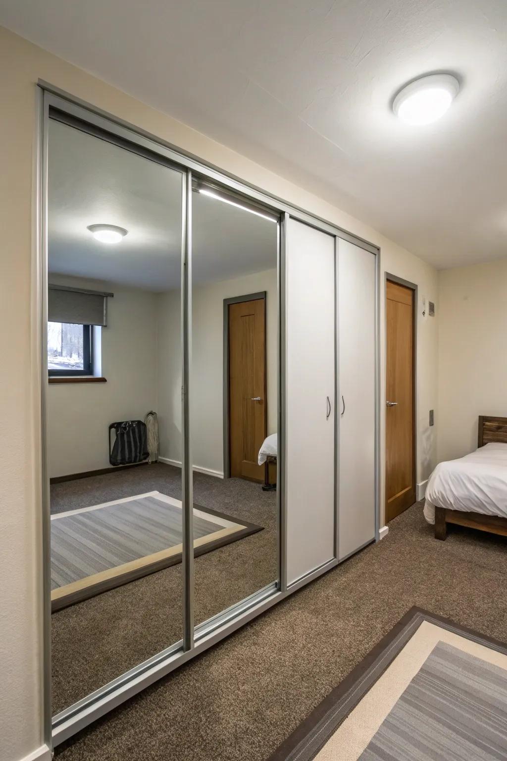 Sliding mirrored doors offer practical space-saving solutions.