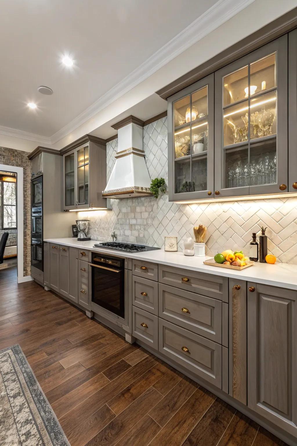 A harmonious blend of tile and wood flooring enhances kitchen functionality.