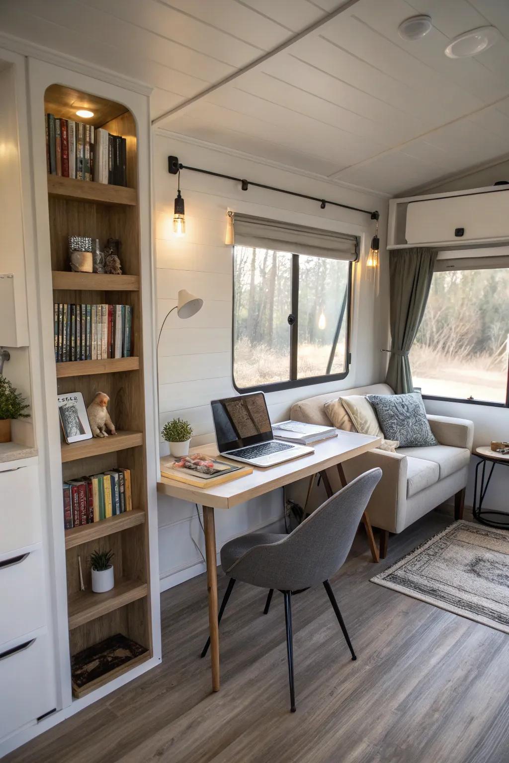 A stylish home office featuring a desk and bookshelf, providing a focused workspace within a mobile home.
