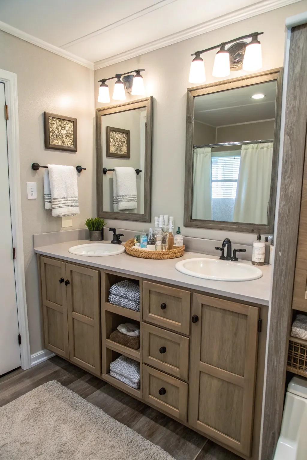 This fashionable double vanity offers both functionality and elegance.