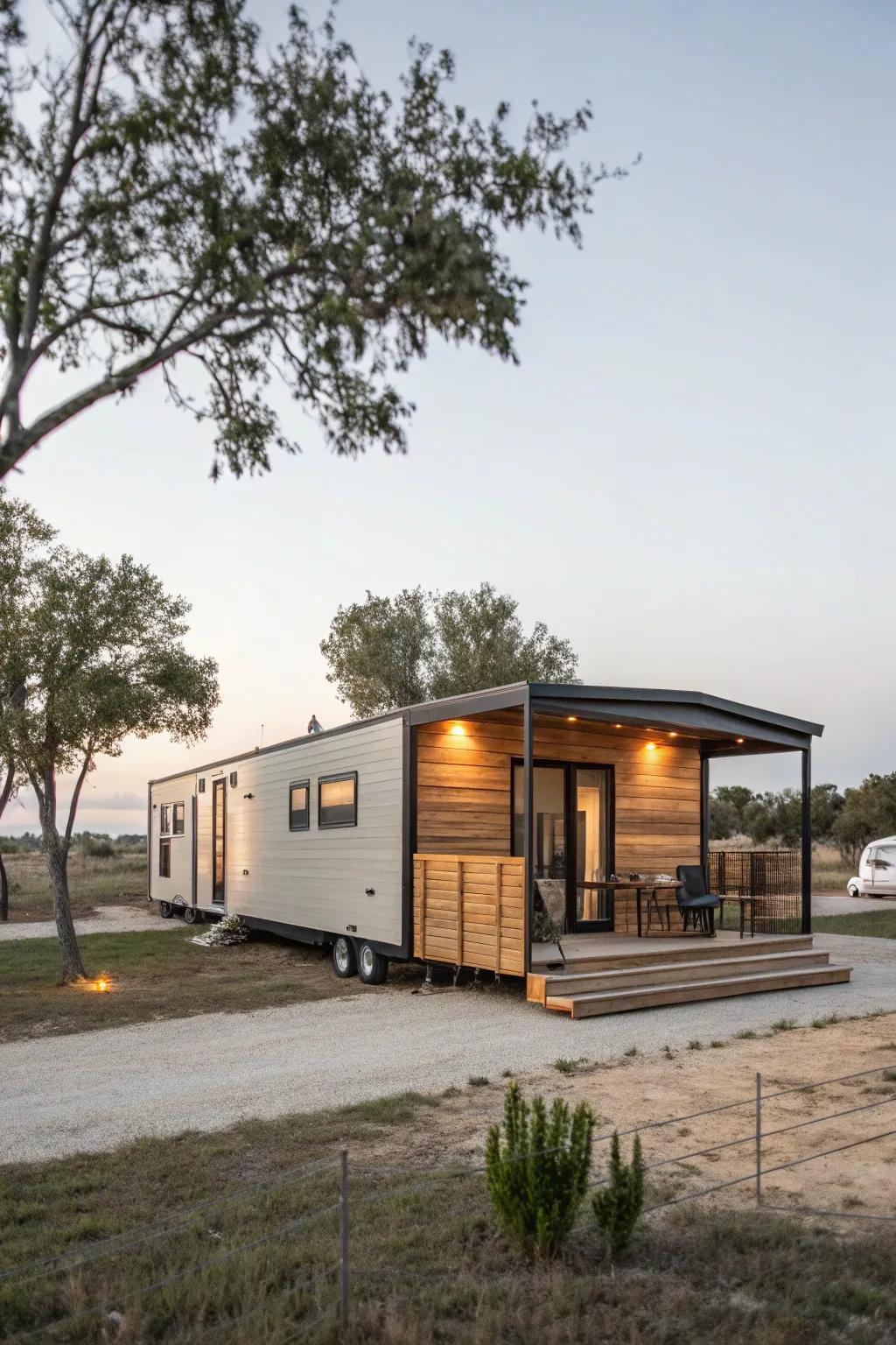 The shiplap skirting gives a sleek, modern vibe for a mobile home.