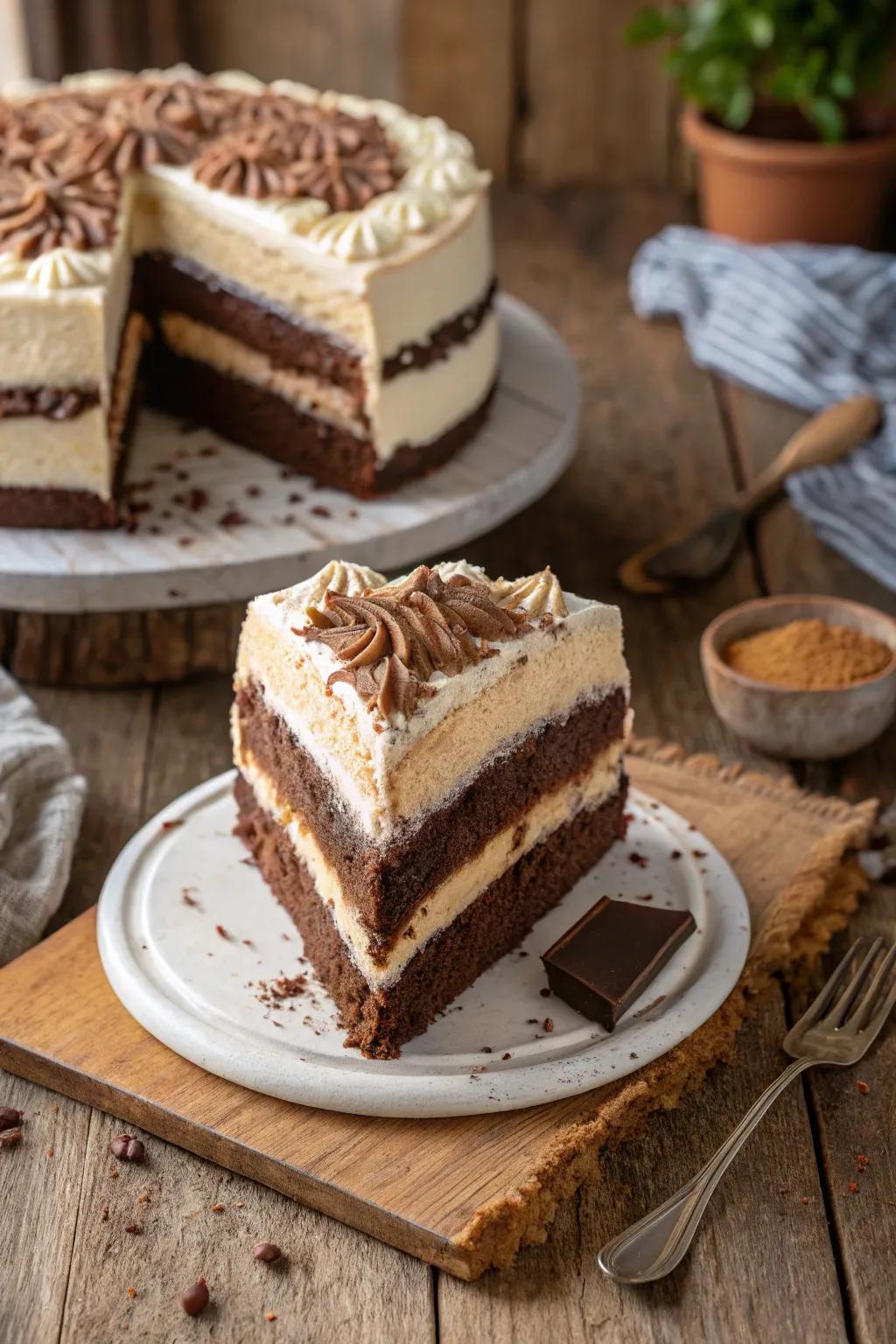 Layered mocha cake with distinct cream and mocha layers.