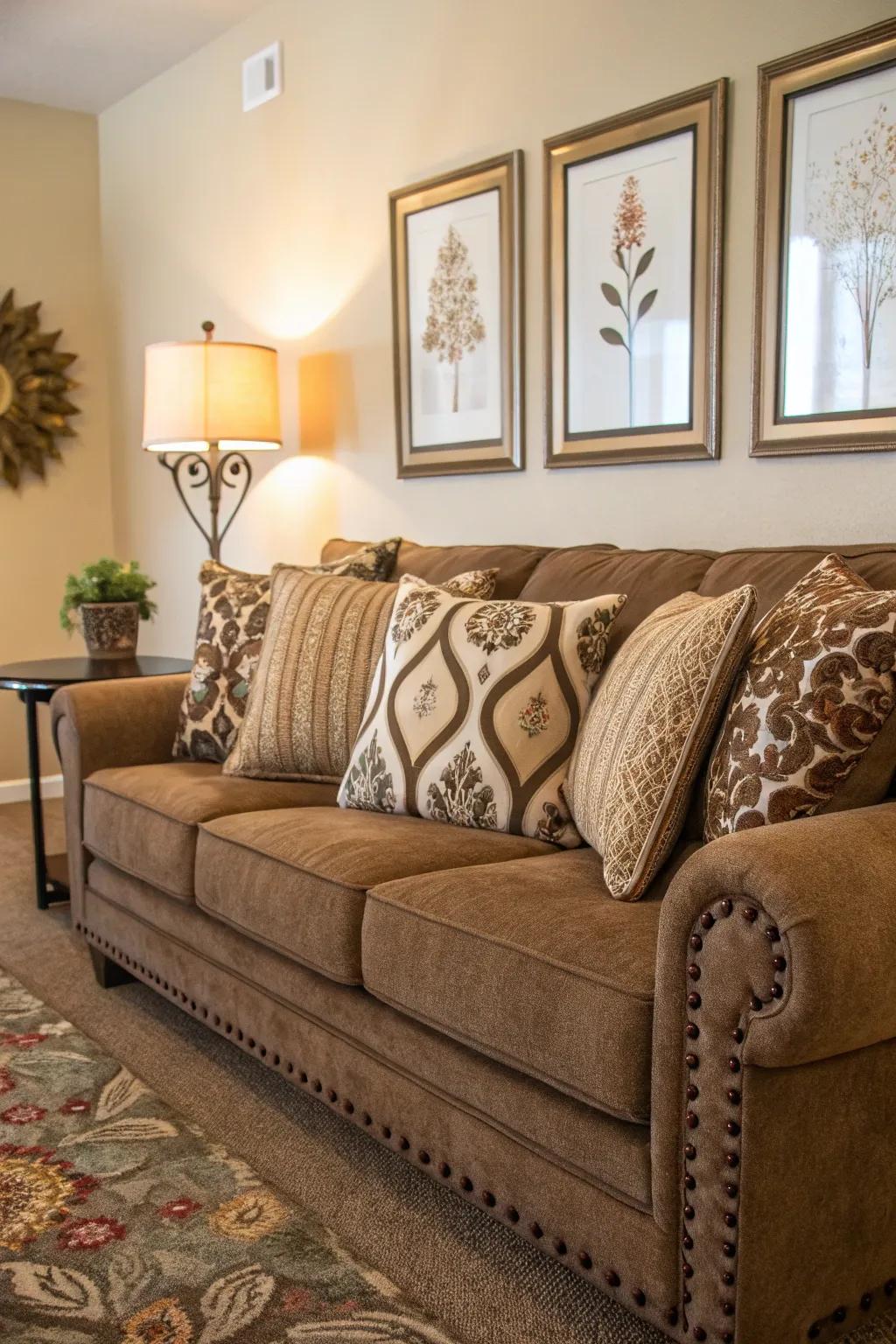 Ornamental nuances inject individual taste within the chocolate sofa area.