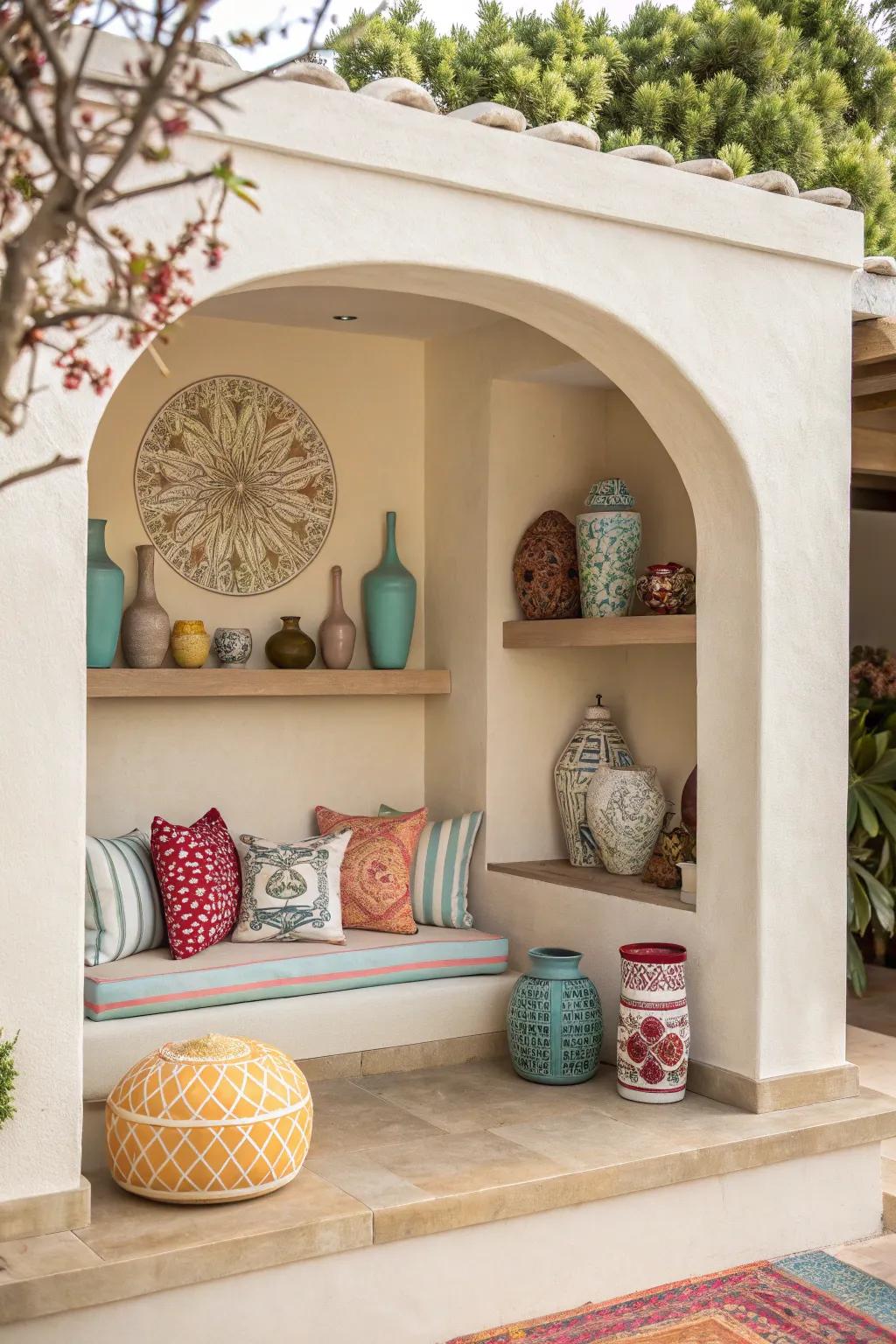 Add a pop of color to your neutral-toned alcove for a modern twist.