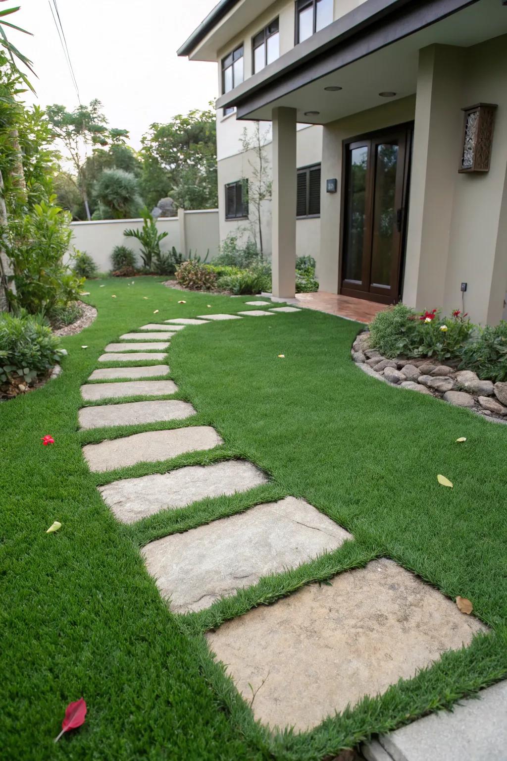 Delightful footing stones fashion a whimsical route through the artificial turf.