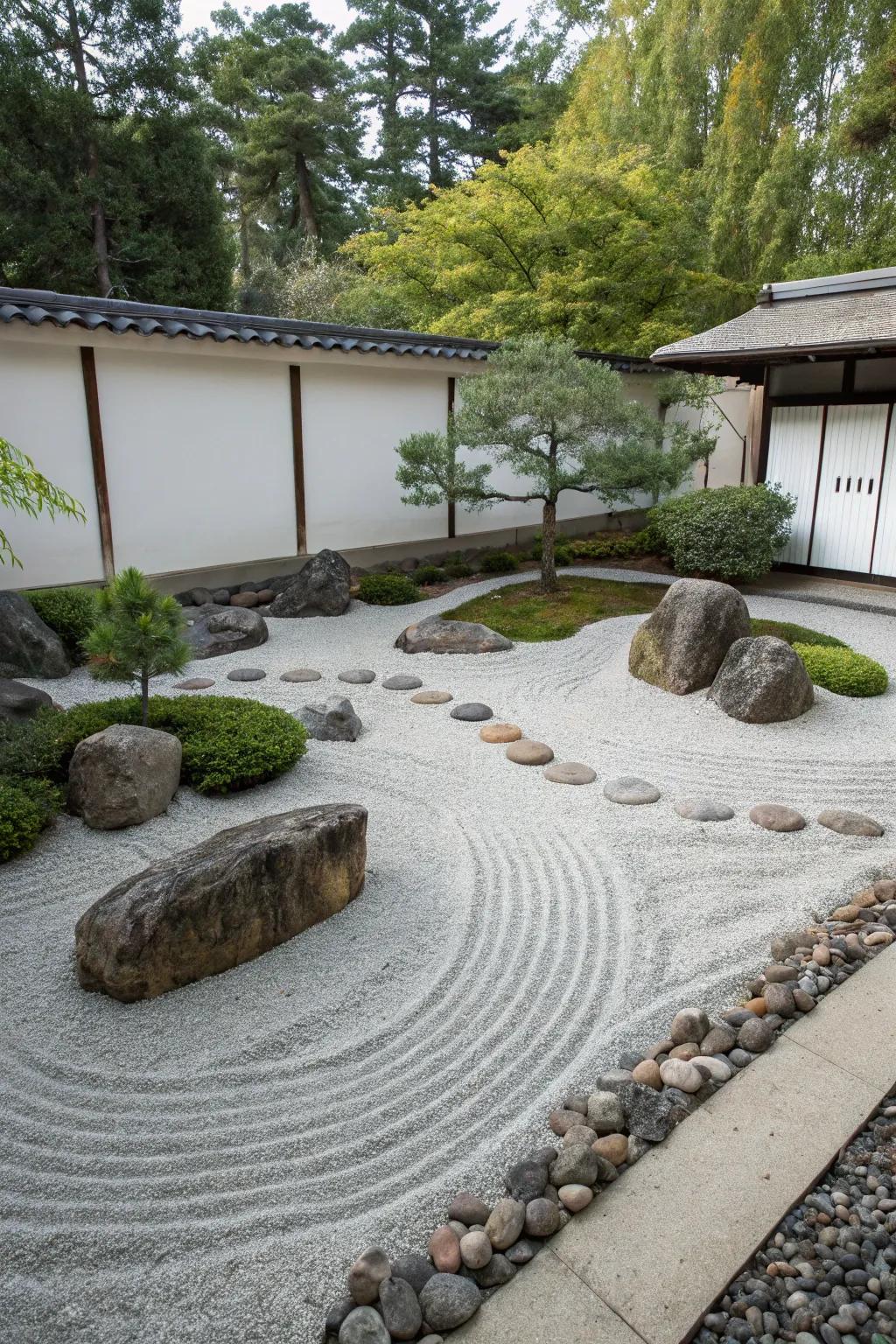 A peaceful Zen rock garden featuring meticulously arranged gravel patterns.