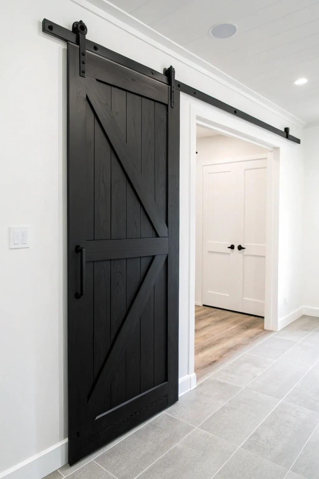 Monochrome barn doors enhance minimalist designs with their refined look.
