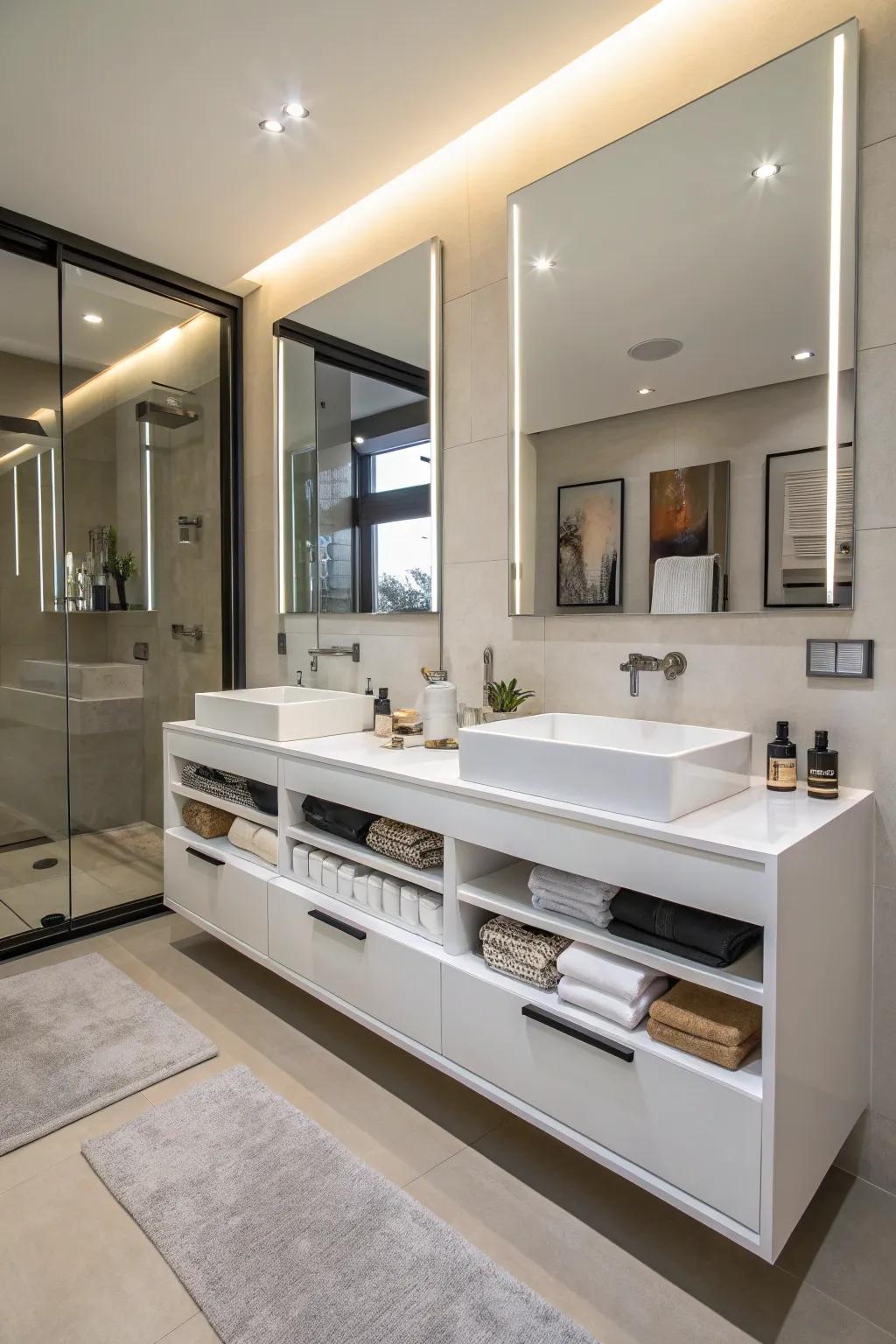 A contemporary floating vanity adds a sleek, organized look.