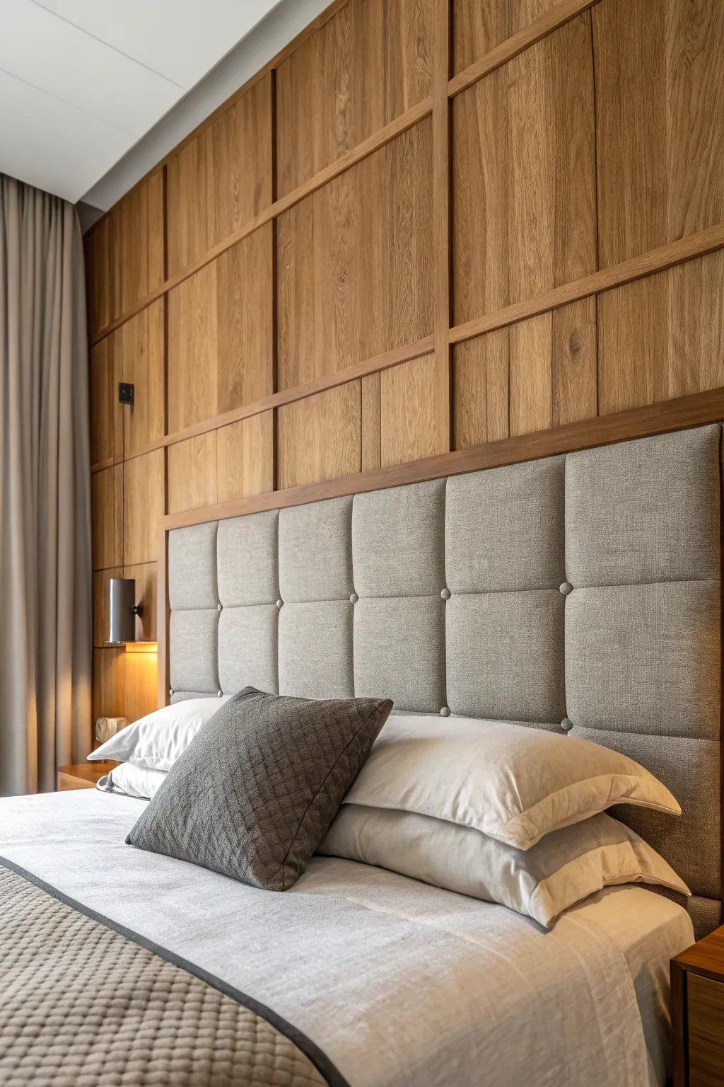 Wood and fabric panels create a striking textural contrast.