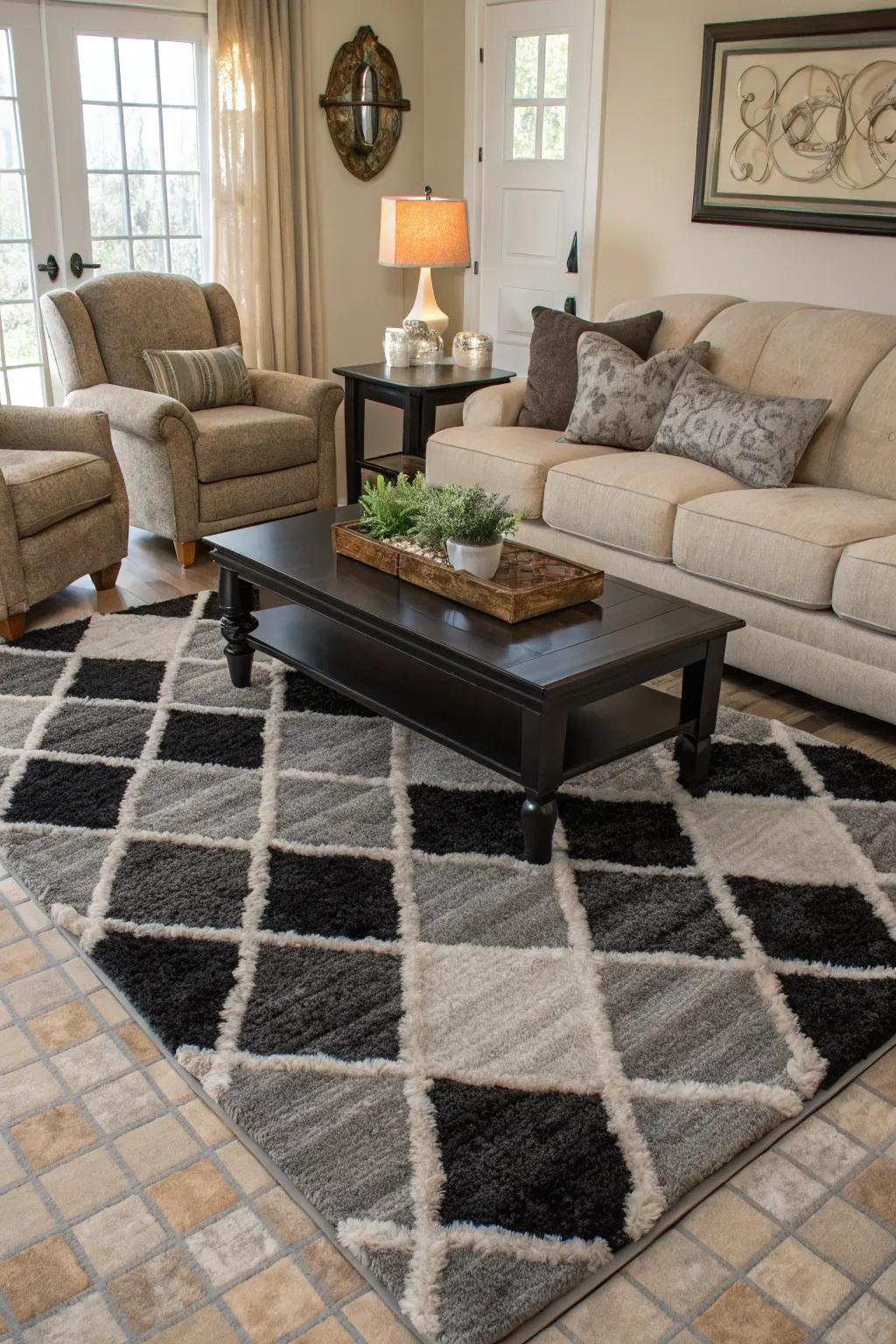 A ground rug in jet and ash brings cohesiveness to the entire space.