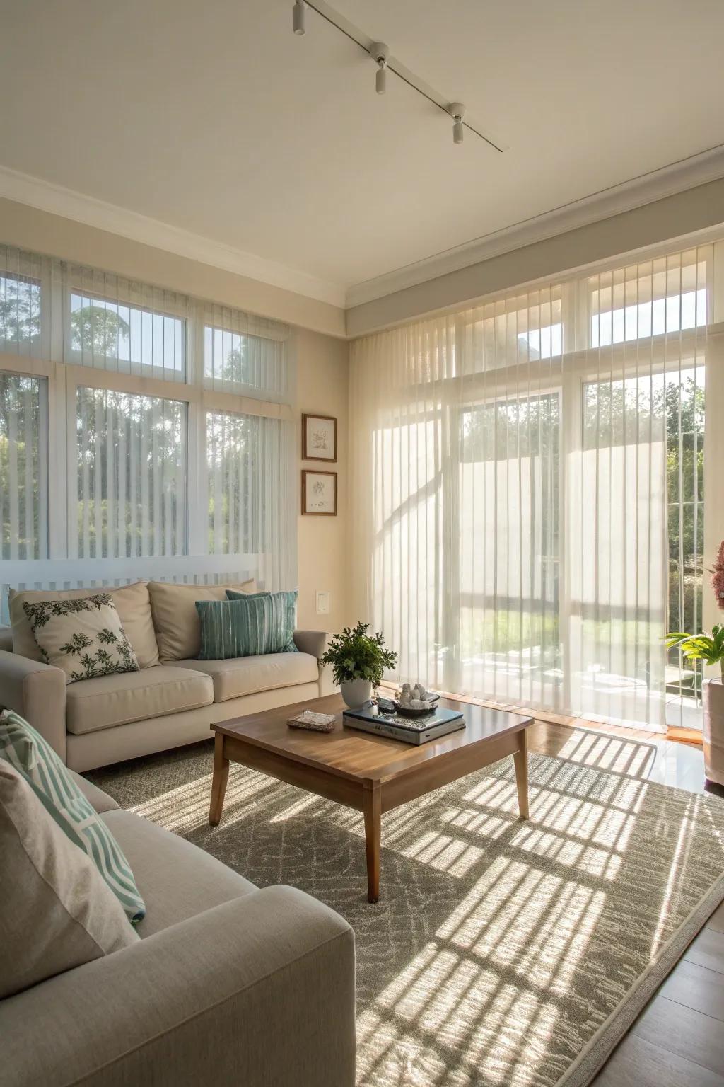 Transparent shades create a gentle, light-filled ambiance.