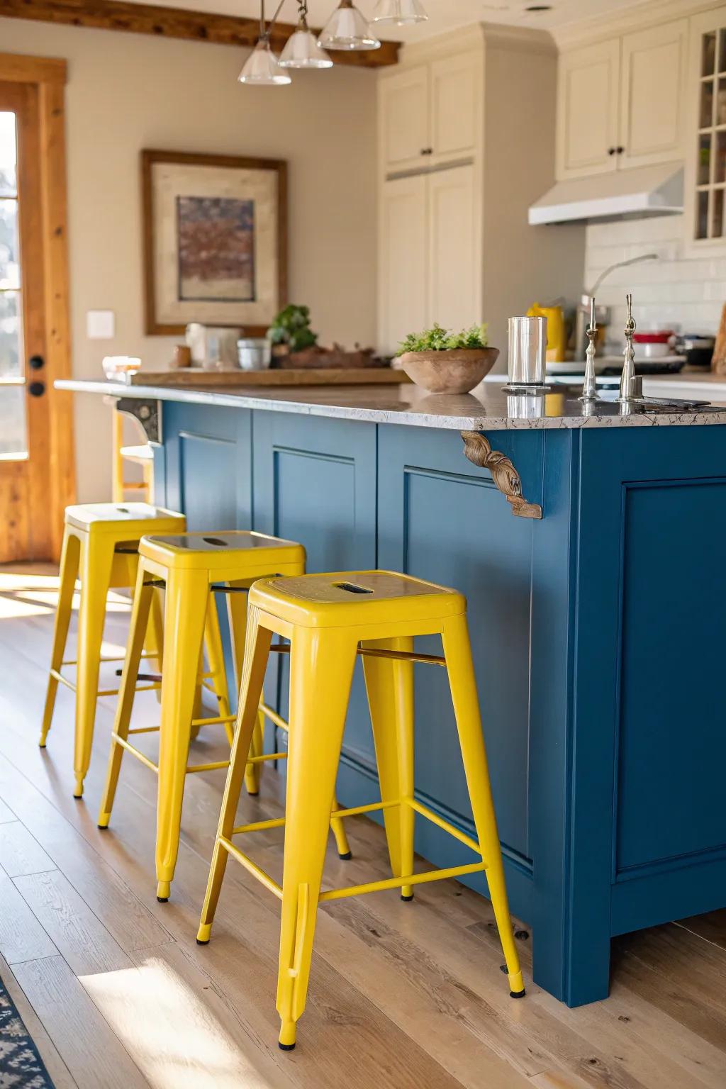 Yellow high chairs perfectly accent the blue island in this lively kitchen.
