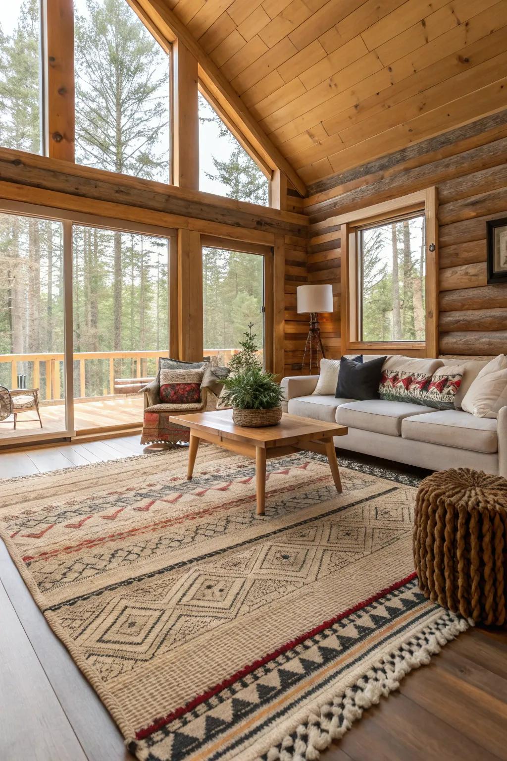 Layered rugs offer warmth and texture to a modern cabin interior.