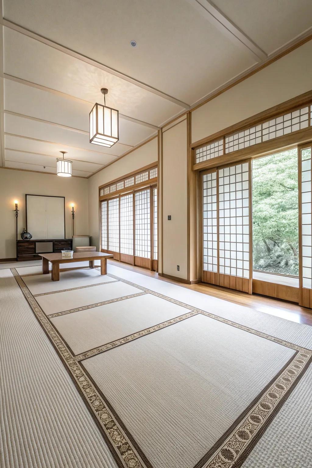 A minimalist room showcasing a simple carpet design, emphasizing uncluttered lines.
