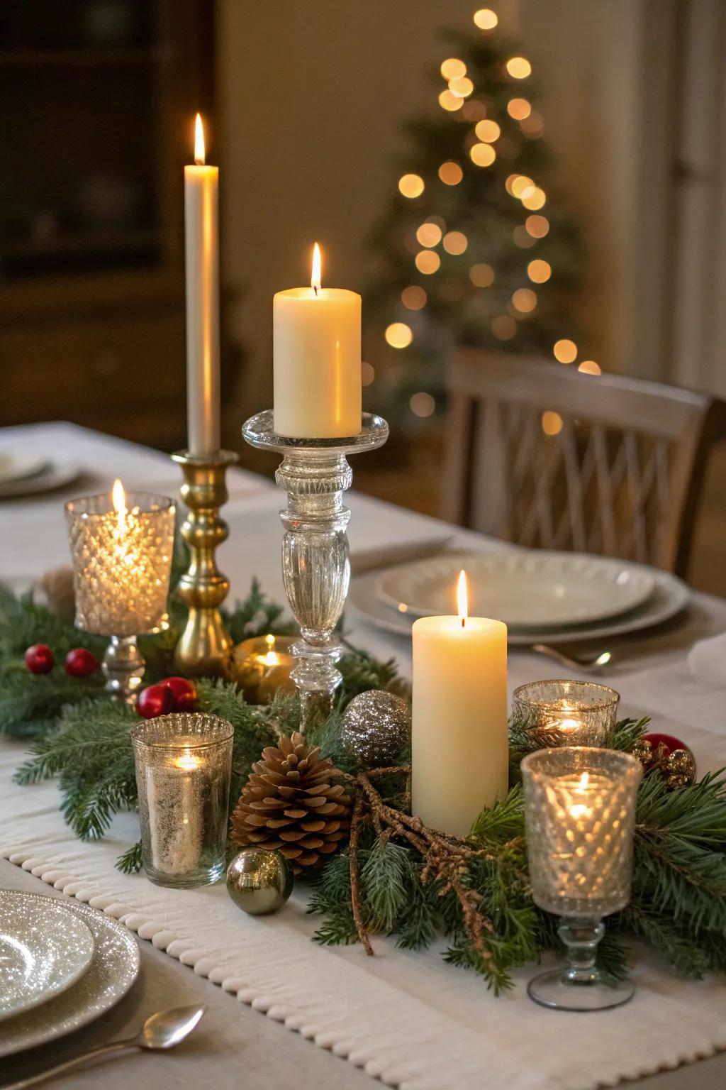 A festive table centerpiece glowing with candles of different heights.