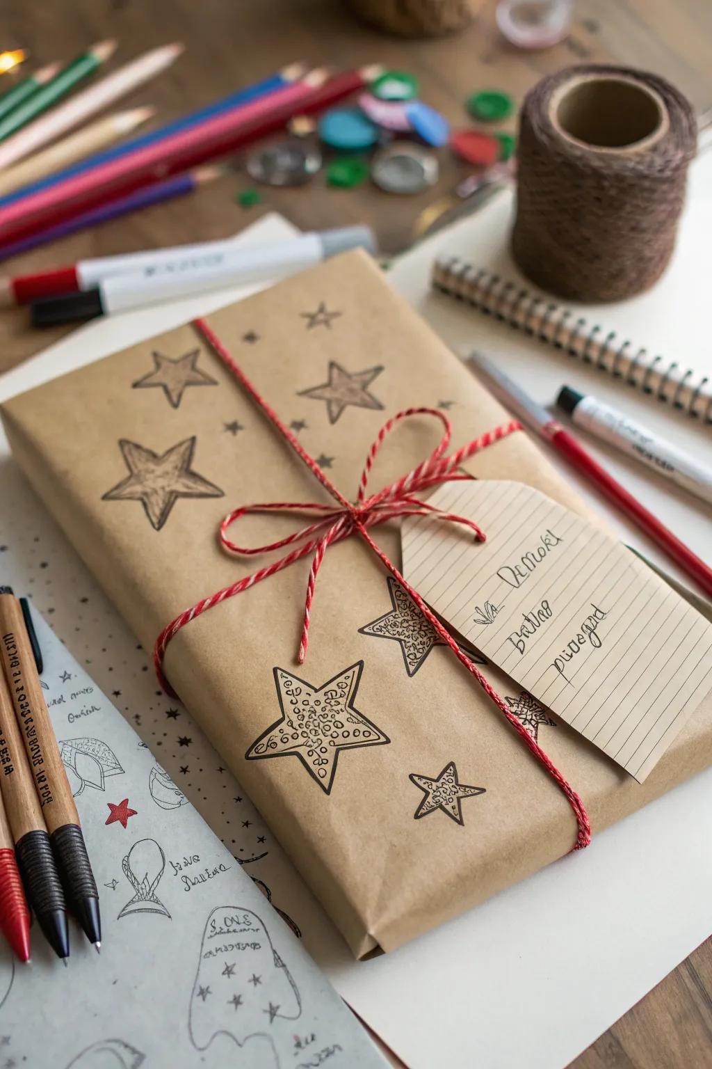 A uniquely styled gift wrapped with hand-drawn elements, ideal for a thoughtful holiday surprise.