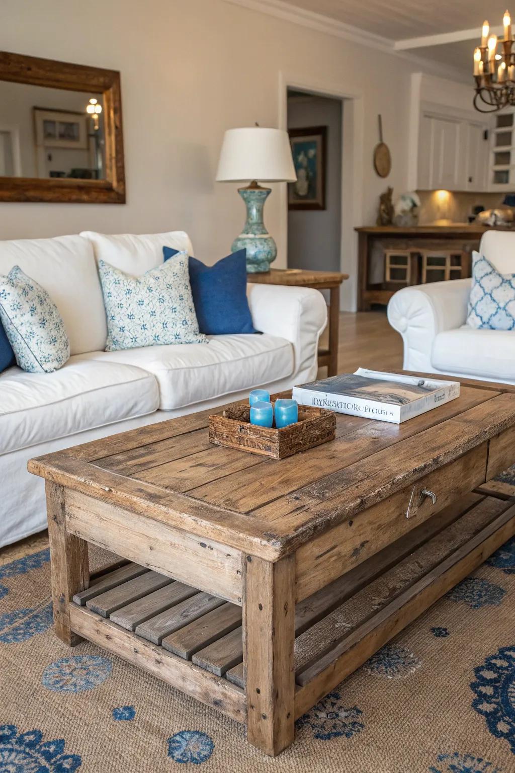 Weathered wood adds rustic charm to coastal interiors.