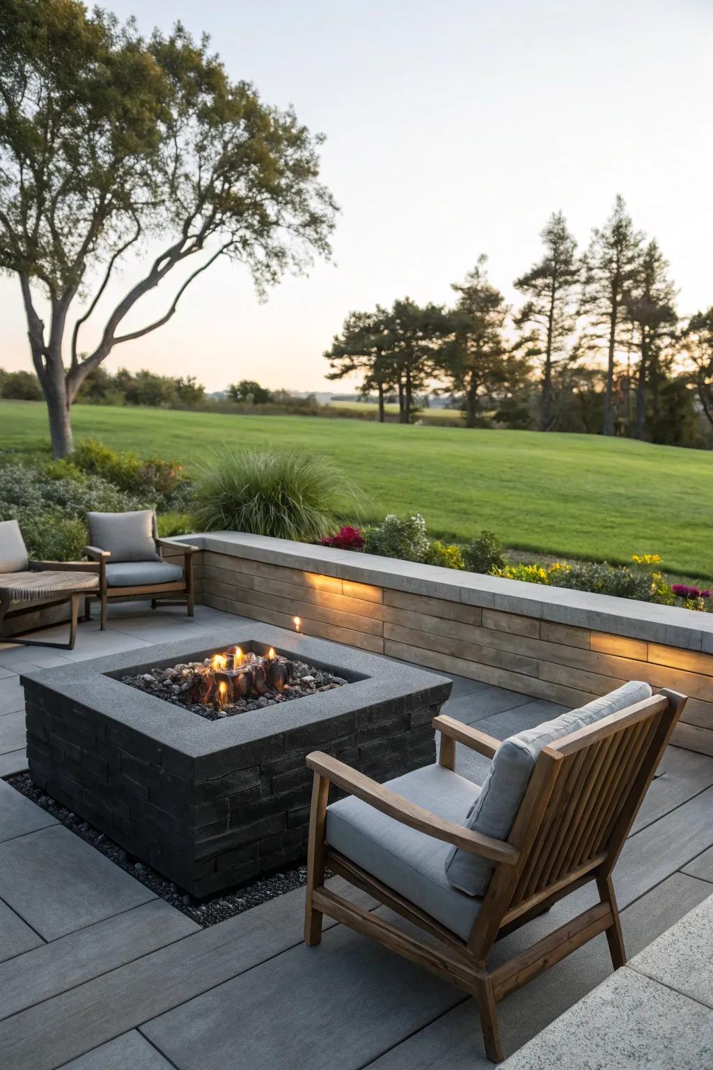 A fire pit creates a warm focal point for evening gatherings.