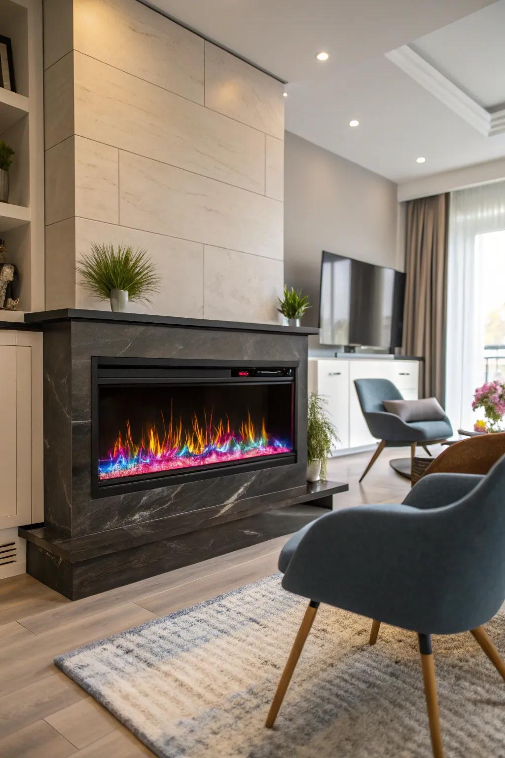 A contemporary interior showcasing an electric fireplace with vibrant multicolor flames.