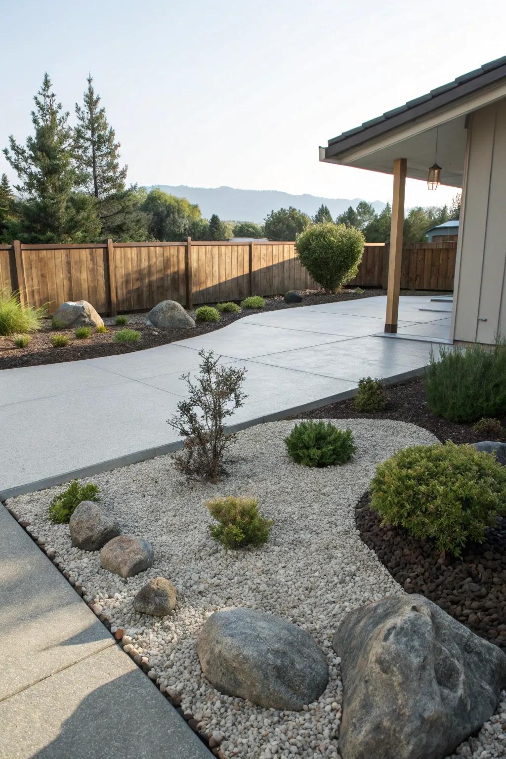 Simple landscaping perfectly complements the patio’s texture.