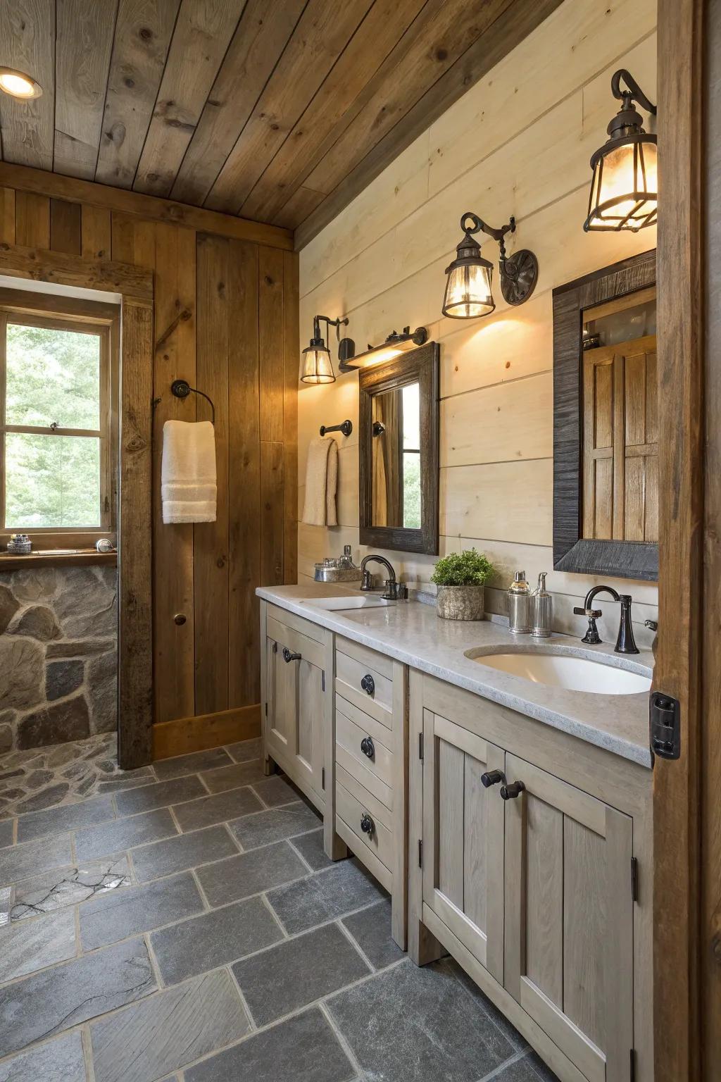 Retro wall lamps introduce classic charm to this updated bathroom.