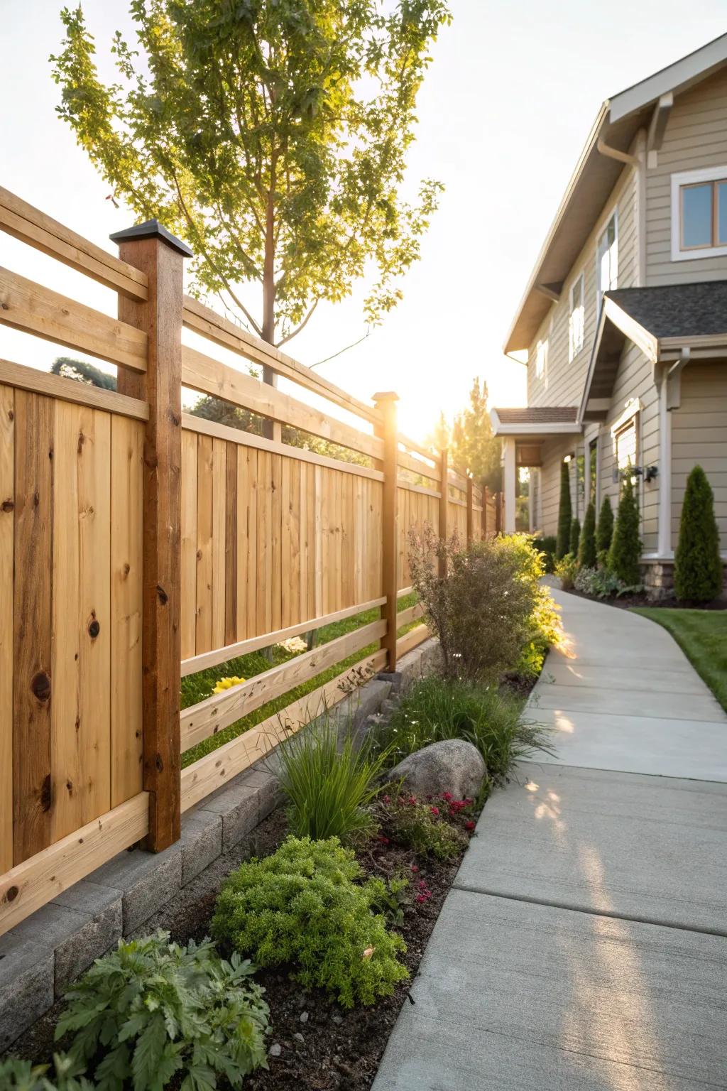 Natural wood tones deliver rustic warmth and unique personality to this farmhouse fence.
