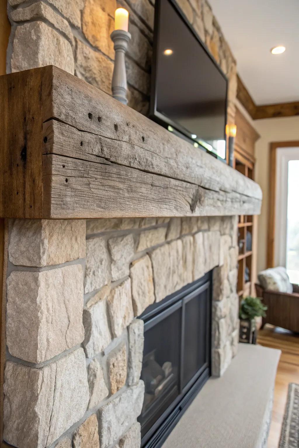 A revived timber mantel contributes a hint of the past and comfort.