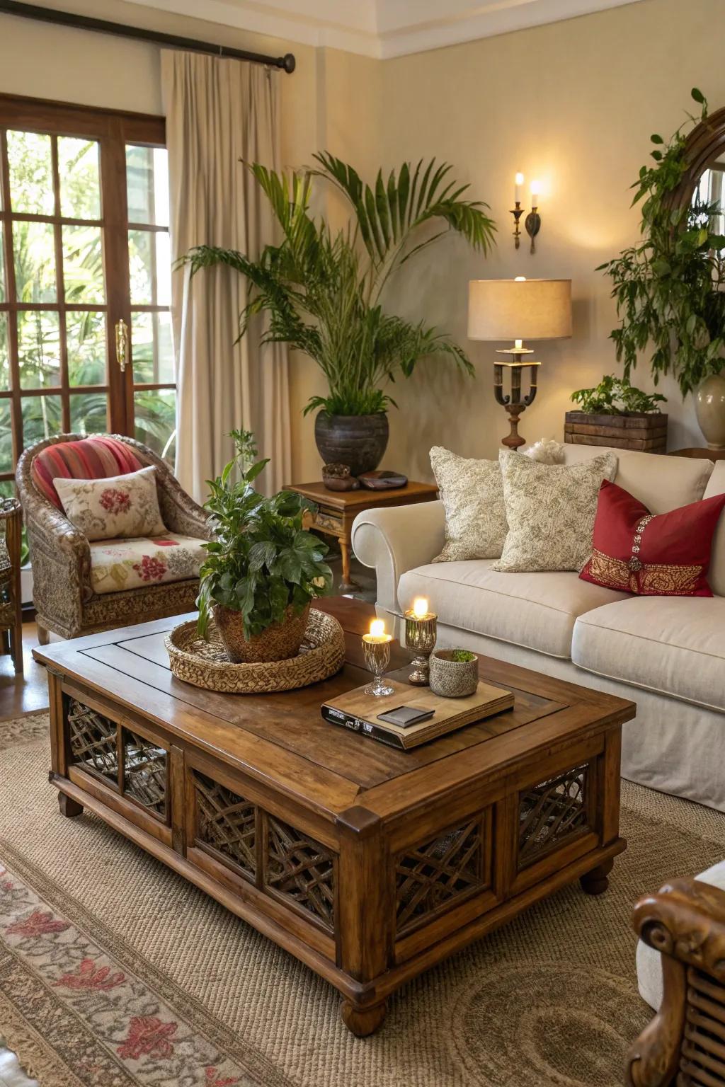 Natural wooden elements impart warmth and texture to the farmhouse living room.