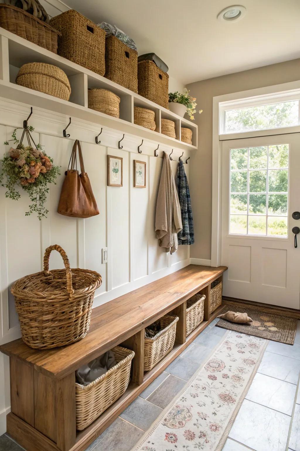 Elegant mudroom featuring woven baskets for added texture.
