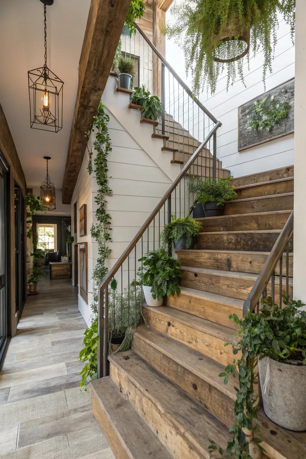 A staircase adorned with rural details and greenery, enhancing its farmhouse charm.