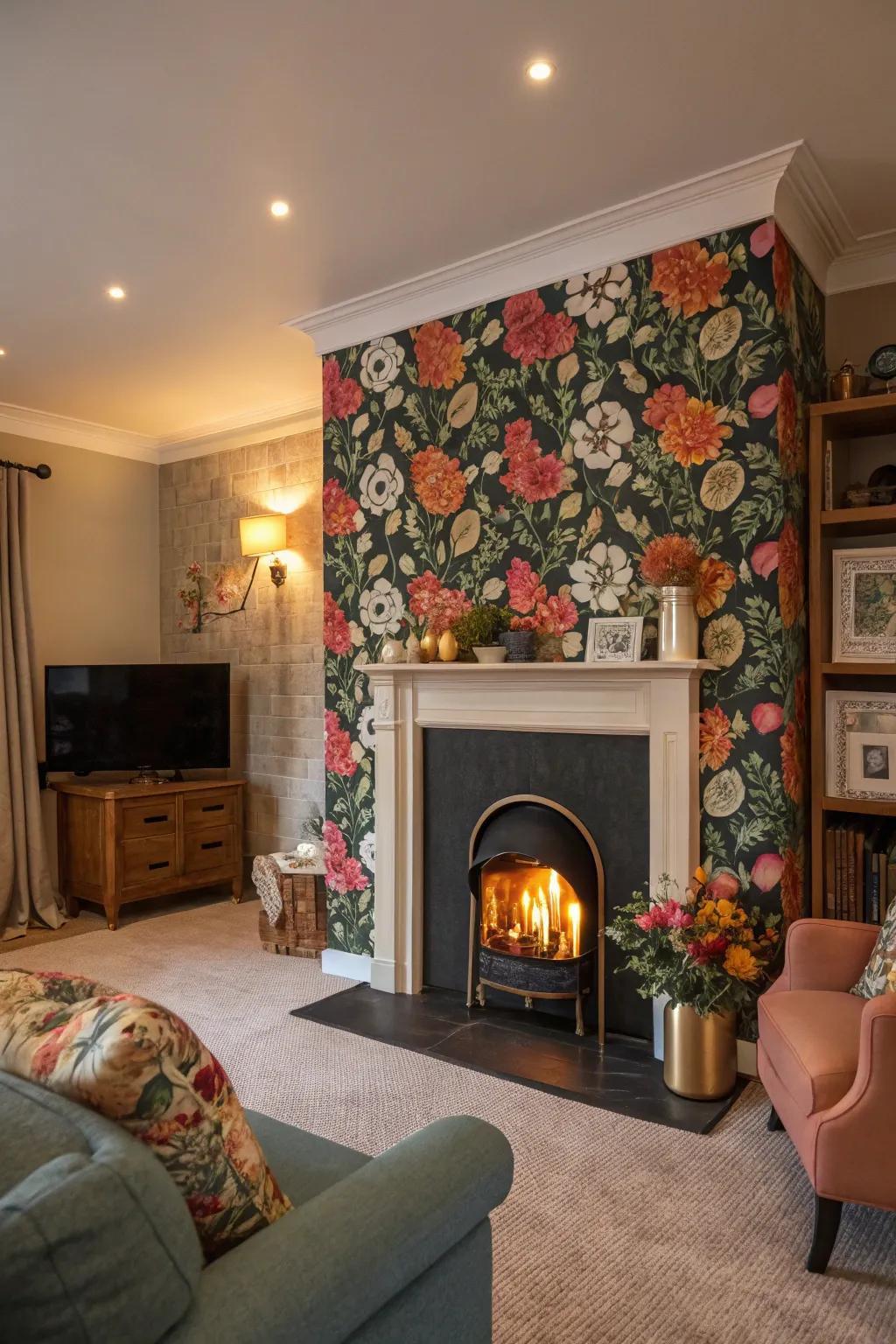 Striking wallpaper makes a statement on your fireplace wall.