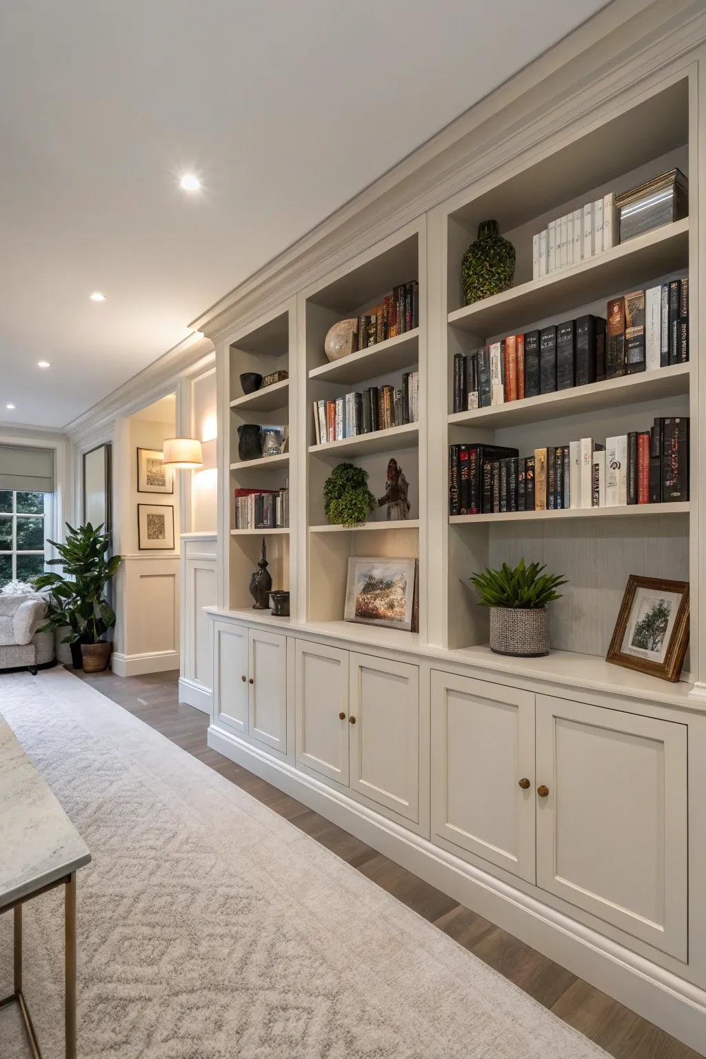 Modern, built-in storage enhances the design of a flex room.