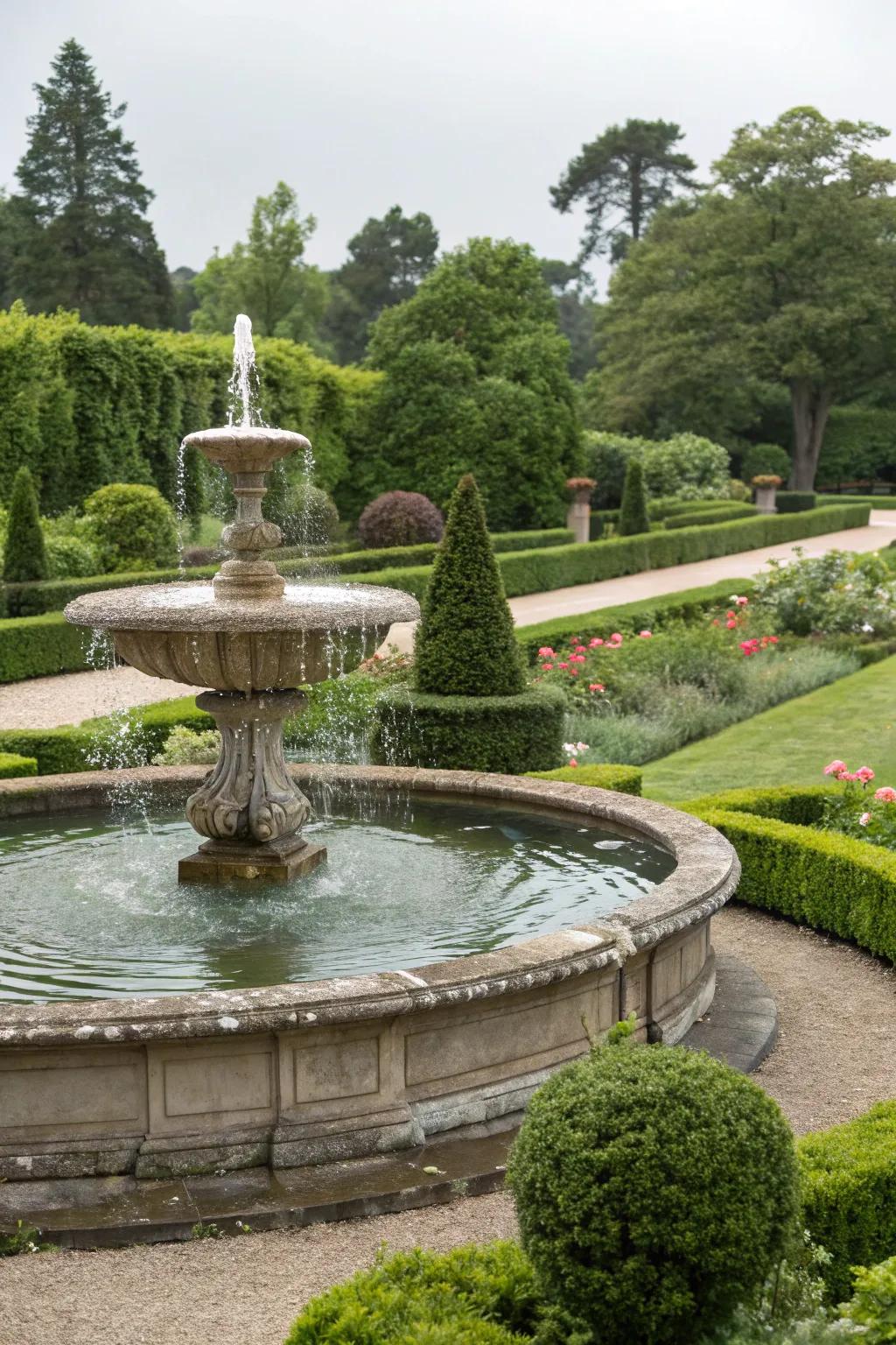 Water features add elegance and tranquility to formal gardens.