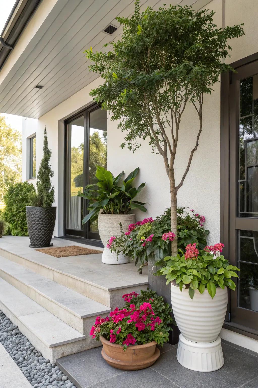 Lush greenery gives a refreshing touch to a contemporary porch.