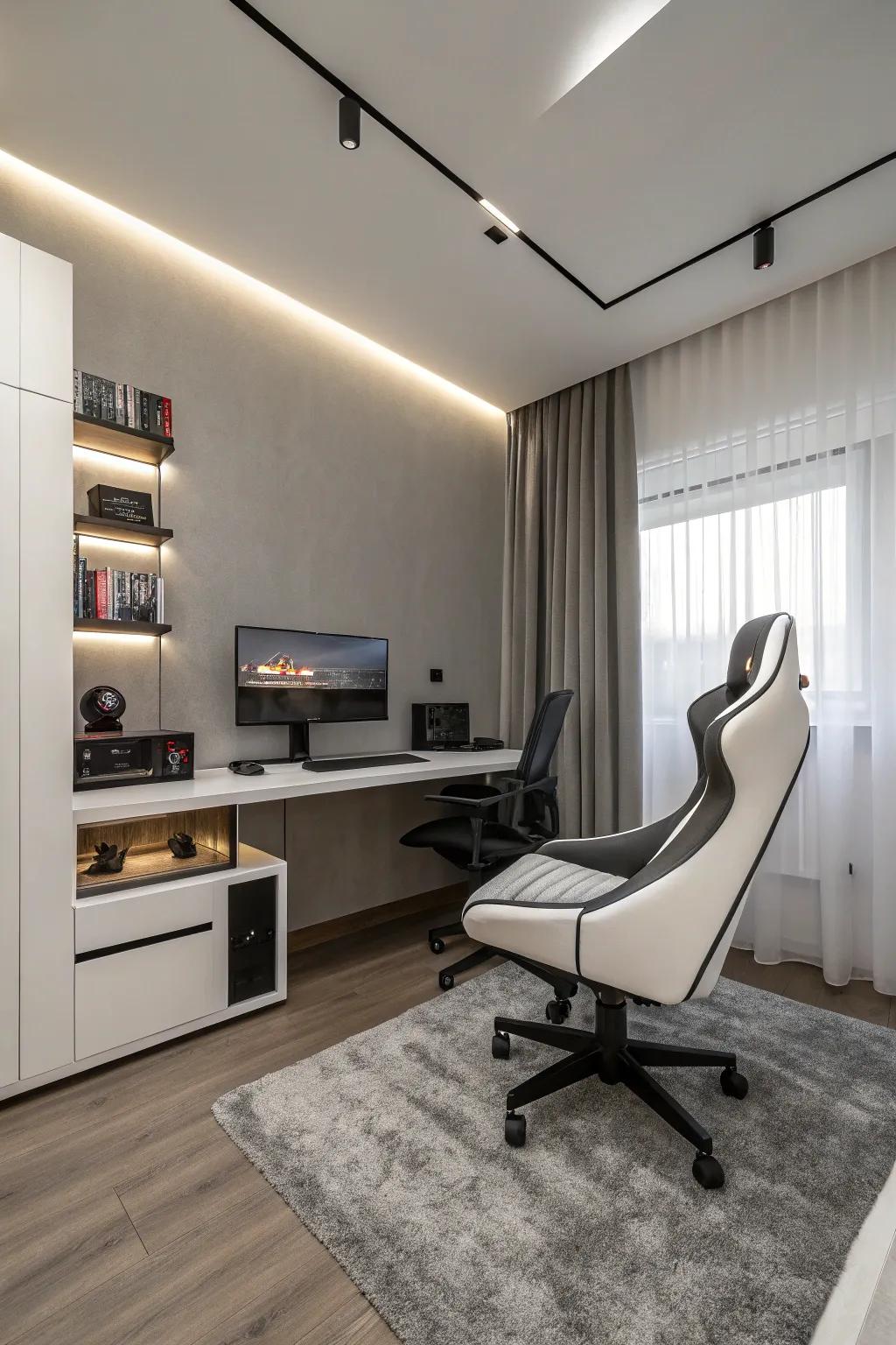 A minimalist gaming area with clean furniture lines and a futuristic vibe.