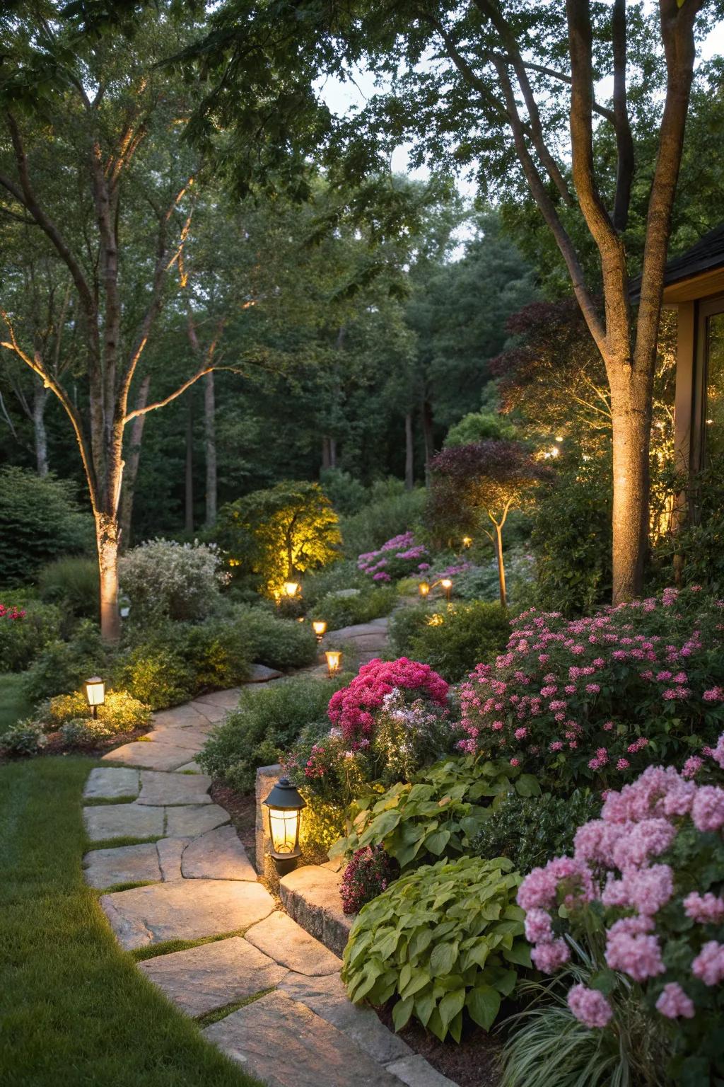 Integrated lighting generates an enchanting and welcoming garden ambiance.