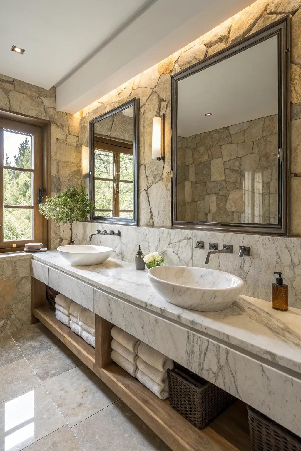 Natural materials such as stone and marble bring elegance and warmth.