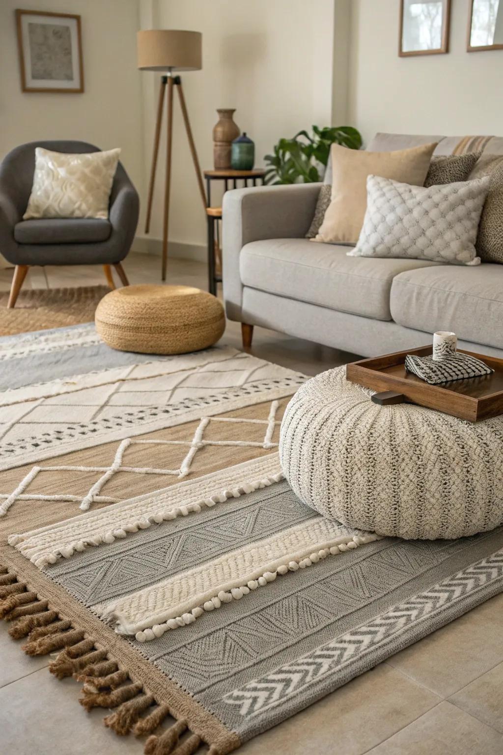 Layered rugs contribute texture and comfort to the living room.