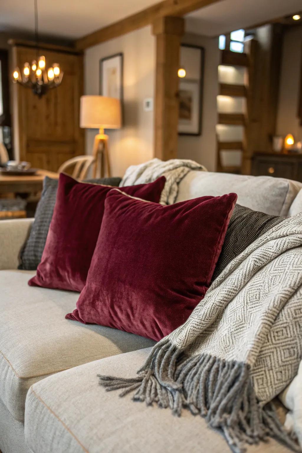 Living area featuring velvet crimson cushions and a woolen neutral throw.