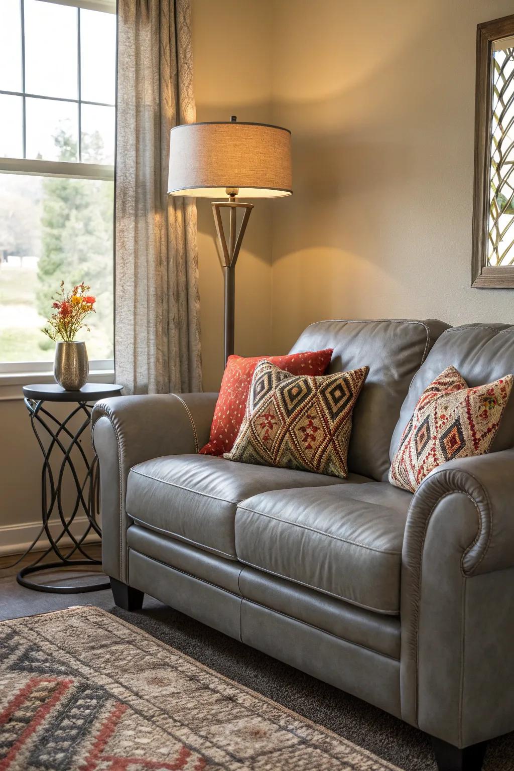 Stylish accoutrements complementing an ash leather lounger in a contemporary living room.