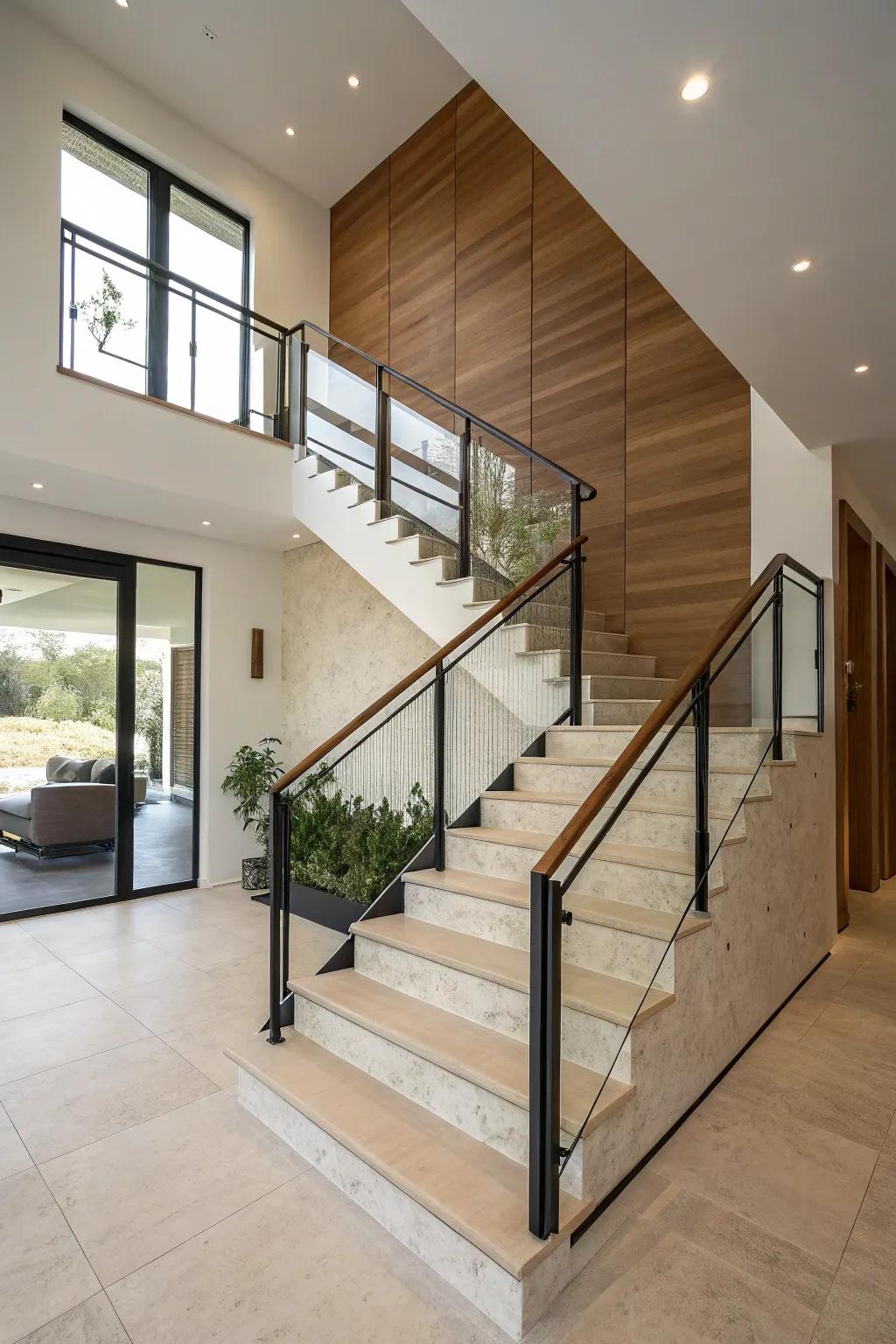 A half wall along a staircase adds both safety and an elegant aesthetic.
