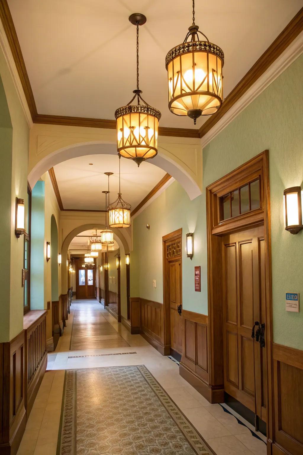 Stylish lighting fixtures enhance the hallway's color scheme.