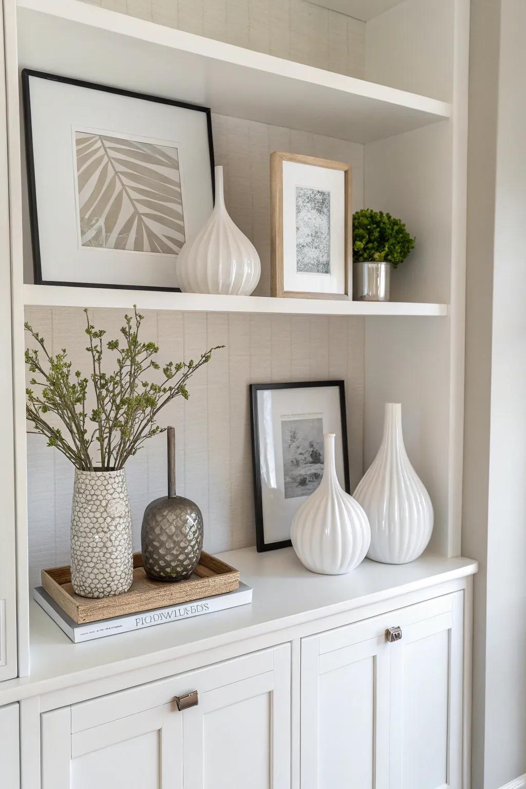 Minimalist décor enhances elegance and sophistication on the hutch.